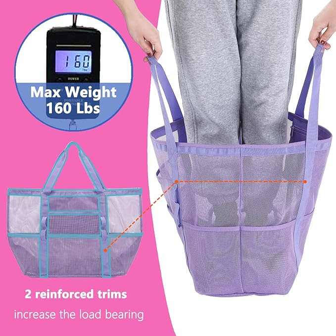 Fammart Mesh Beach Bag with Zipper, Large Beach Tote for Women, Toys Pool Swim Bag Travel Vacation Cruise Essentials