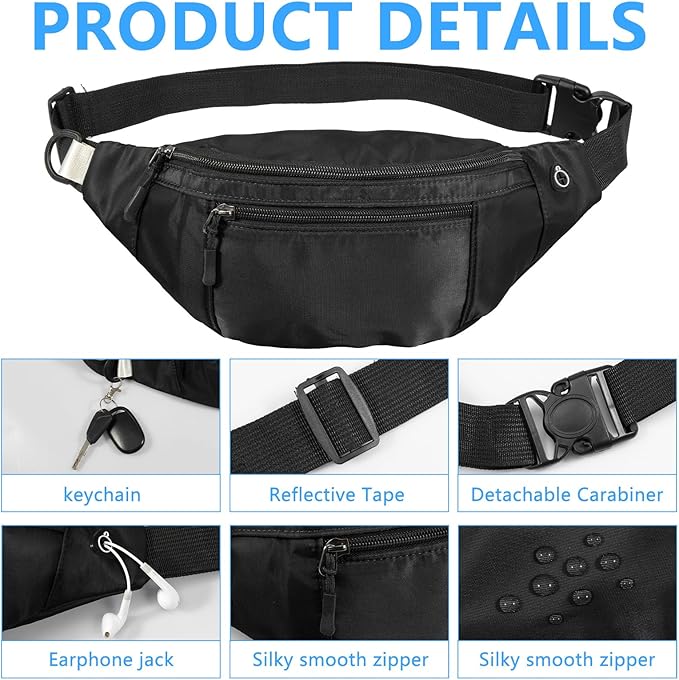Crossbody Fanny Pack Large Capacity Waist Bag with Hidden Zipper Pockets Adjustable Strap Fanny Packs Waterproof Oxford Cloth Travel Belt Bag for Outdoor Shopping Travel Men Women (Black 60PCS)