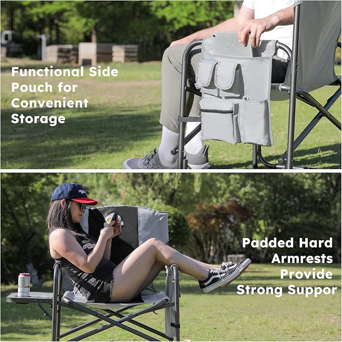 Colegence Oversized Directors Camping Chair Set of 2 Support 600 LBS, Heavy Duty Folding Outdoor Chairs with Detachable Side Pocket and Adjustable Side Table for Outside Beach,Lawn,Fishing (Black)