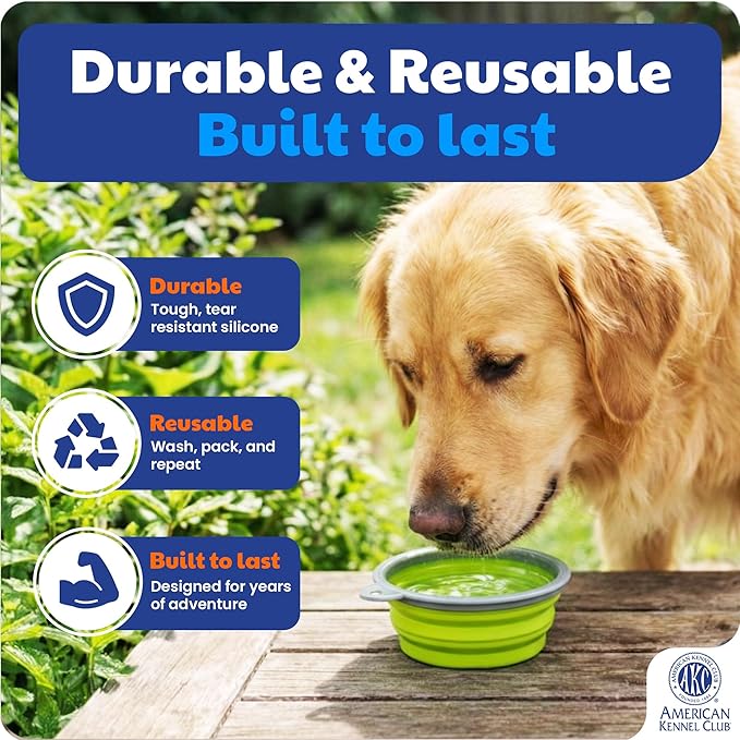 American Kennel Club 2-Pack Collapsible Travel Bowls for Dogs – Gray/Green, Portable Food & Water Bowls
