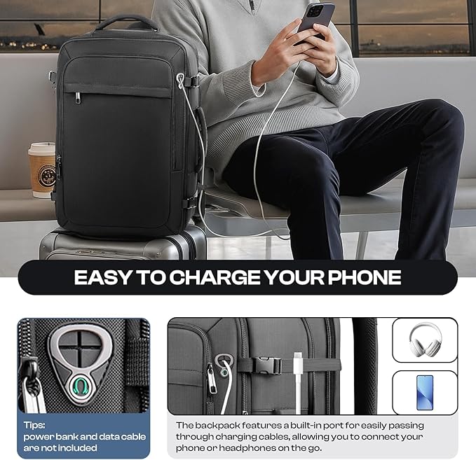Carry on Backpack for 1-10 Days Trips, Extra Large 40L-50L Travel Backpack TSA Approved, Expandable Laptop Bagpack, Water Resistant Bag Compatible with 17.3 inch Laptops, Black