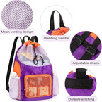 Swim Bag for Kids Mesh Beach Backpack for Boys Lightweight Drawstring Beach Bag Swimming Pool Sports Gym String Bag (Purple-Orange)