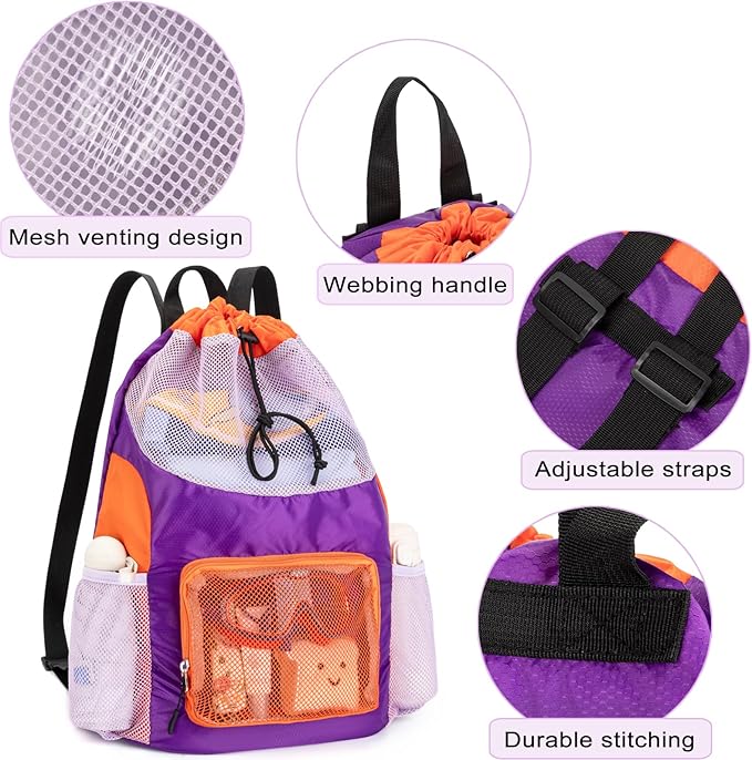 Swim Bag for Kids Mesh Beach Backpack for Boys Lightweight Drawstring Beach Bag Swimming Pool Sports Gym String Bag (Purple-Orange)