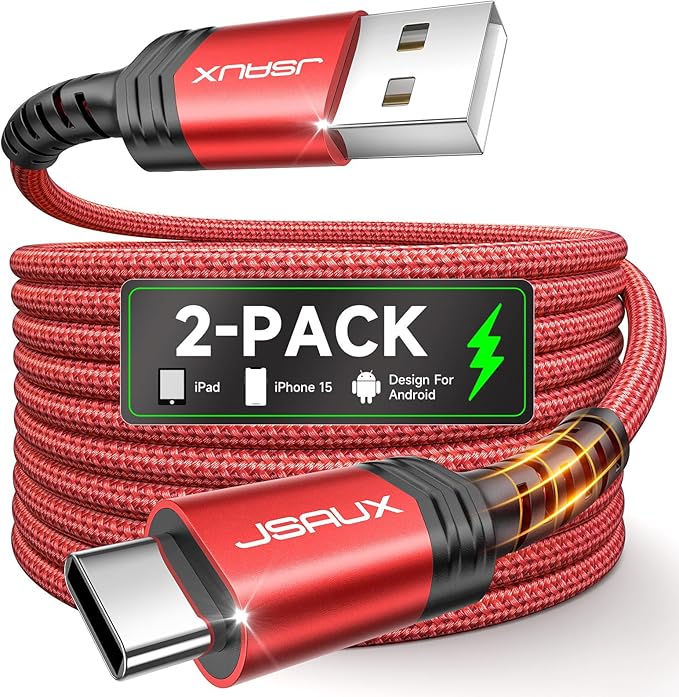 JSAUX USB C Cable [2-Pack 3.3ft], USB A to USB Cord Fast Charging for iPhone Air, iPhone 17, iPhone 17 Pro, iPhone 17 Pro Max, iPhone 16/iPhone 15 Series, Samsung S20 S10, Note 20 10, Car Play - Red