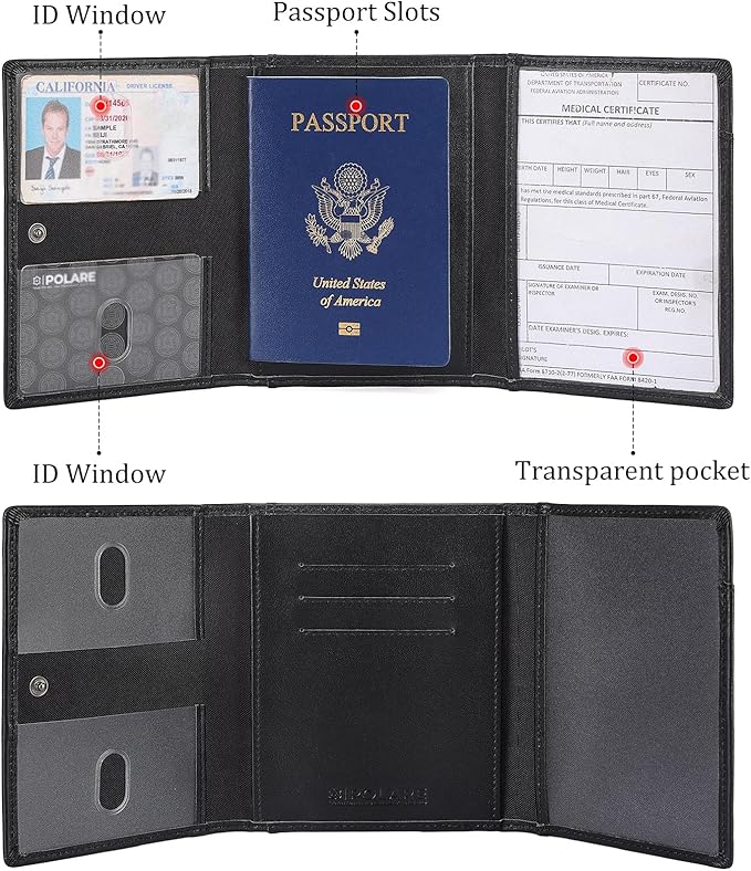 Polare Napa Leather Pilot Wallet Passport Holder RFID Blocking Tri-fold Travel Cover Document Organizer for Aviation Professionals (Black with AirTag Slot)