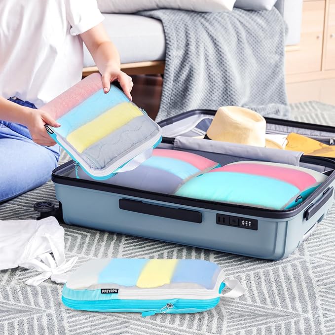 PFEYRPK Lightweight Compression Packing Cubes for Suitcases, Compressible Expandable Travel Packing Organizer with Clear Toiletries and Backpack Bag, Travel Essentials for Carry on Luggage 7 Set