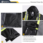 JKSafety Hi-Vis Reflective Safety Rain Jacket and Pants for Men Women Waterproof Rain Gears for Farming Fishing Work HV Rain Suit with Inner Mesh Lining and Pockets (117-Black M)