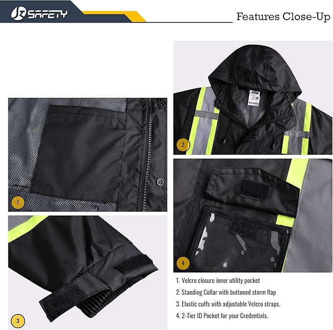 JKSafety Hi-Vis Reflective Safety Rain Jacket and Pants for Men Women Waterproof Rain Gears for Farming Fishing Work HV Rain Suit with Inner Mesh Lining and Pockets (117-Black M)