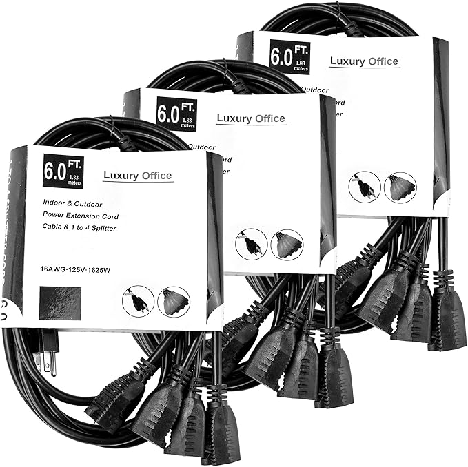 Luxury Office 4 Way Power Splitter - 1 to 4 Outlet Splitter, 6' Long, Black, SJT 16 AWG by Luxury Office