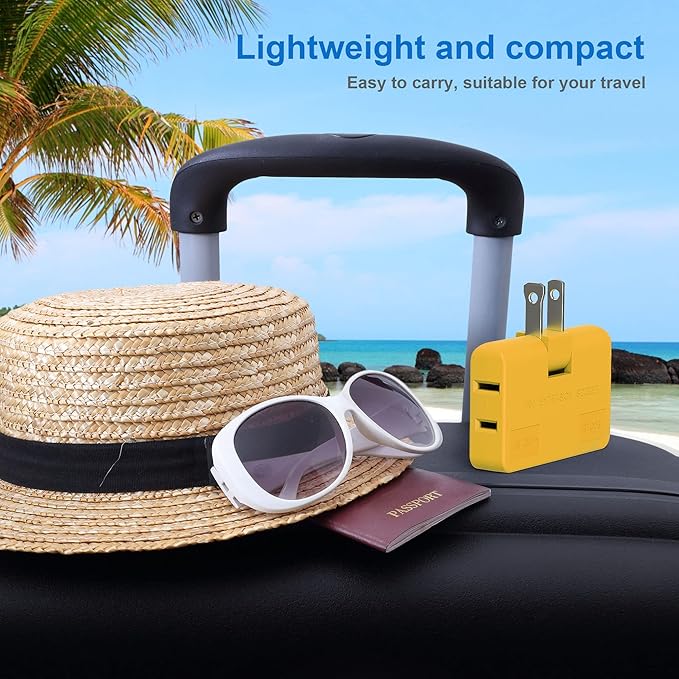 ETwinCoo 3 Way Flat Plug Adapter-2 Prong Swivel Indoor Mini Wall Tap Power Outlet Extender, Rotating Wall Plug (Quick & Space Saving) Perfect for Home, School, Office, Travel, Type A, Yellow (2 Pack)