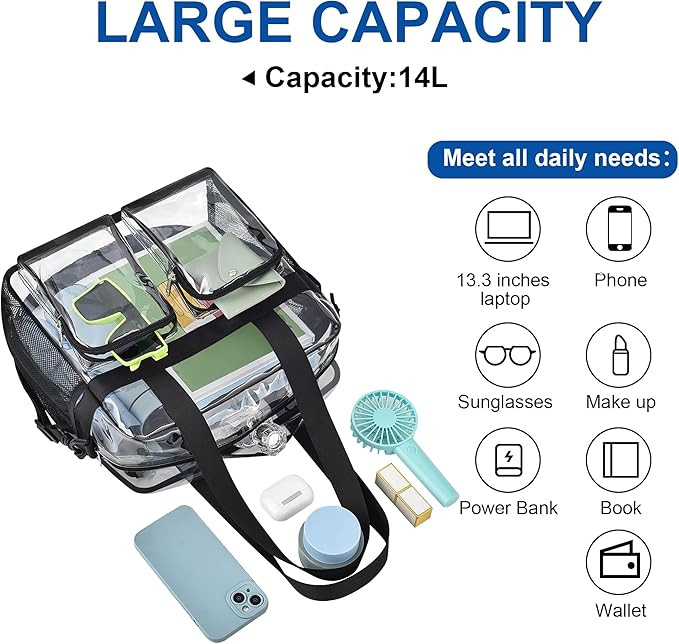 XCU Clear Bag for Stadium Events 12x6x12 Large Clear Tote Bag Transparent Lunch Bag Adjustable Straps for Concert Sports Work