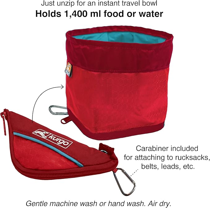 Kurgo Zippy Bowl for Dogs, Collapsible Travel Dog Bowls, Pet Food & Water Hiking Container, Food Grade Silicone, Travel Accessories for Pets, Includes Carabiner, Holds 48 oz (Barn Red)