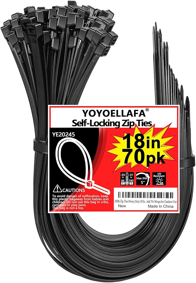 200lb Zip Ties Heavy Duty 18 Inch 70pcs, Large Black Cable Tie, Thick Heat Resistant Zipties, Big Wide Wire Ties, Industrial Tie Wraps for Outdoor Use