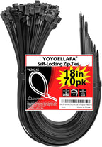 200lb Zip Ties Heavy Duty 18 Inch 70pcs, Large Black Cable Tie, Thick Heat Resistant Zipties, Big Wide Wire Ties, Industrial Tie Wraps for Outdoor Use