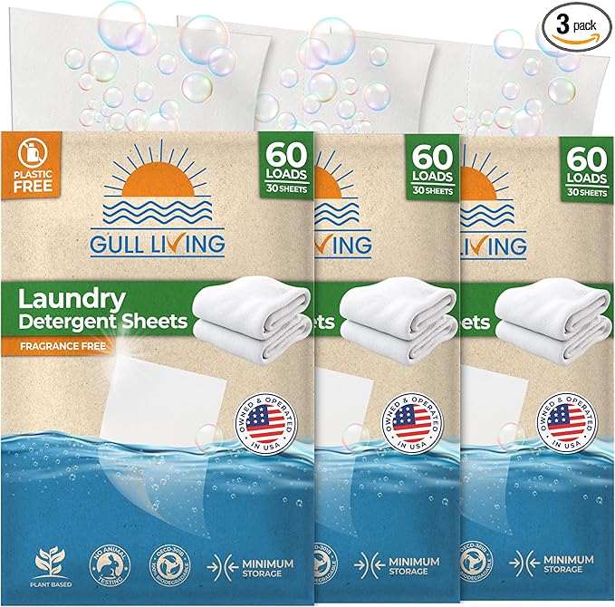 Gull Living Home Travel Laundry Detergent Sheets - 180 Loads - Eco Laundry Detergent Sheets Unscented - Tackles Tough Stains - Travel Friendly (Pack of 3)