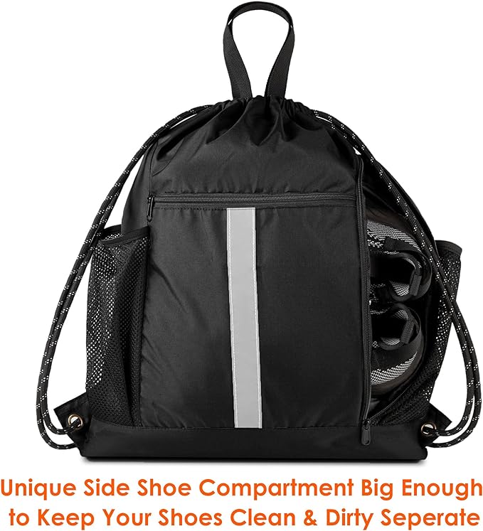 BeeGreen Drawstring Backpack Bag Sports Gym Backpack with Shoe Compartment and Two Water Bottle Holder for Men Women Large String Backpack Athletic Sackpack Workbag Black