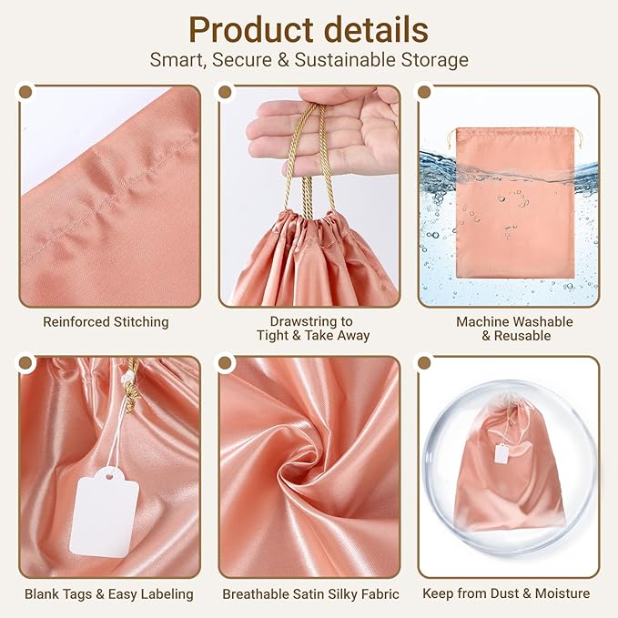 Ewen Pack of 12 Satin Drawstring Dustbags with Blank Tags, Dustproof Packing Pouch Set in Small Medium Large for Travel Essentials, Pink Orange Silk Bag for Handbags Clothes Purse Organization Storage
