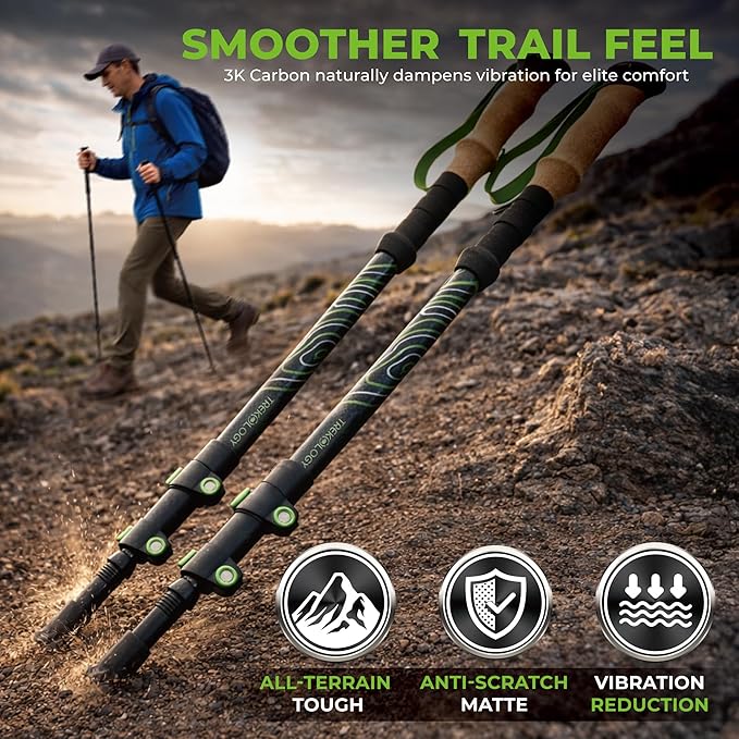 Trekology 3K Carbon Fiber Trekking Poles (210g) - Pair of Ultralight Hiking Poles with Cork Grips, Collapsible Telescopic Walking Sticks, Metal Flip-Locks & 10pc All-Terrain Accessory Kit