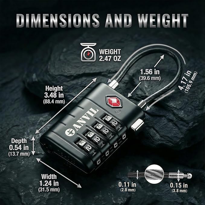 ANVIL TSA Approved Luggage Locks with Search Alert Indicator, 4-Digit Combination Suitcase Lock, Advanced TSA008 Core Heavy Duty Anti-Theft Travel Lock for Double Zippers, Backpacks (6, Black)