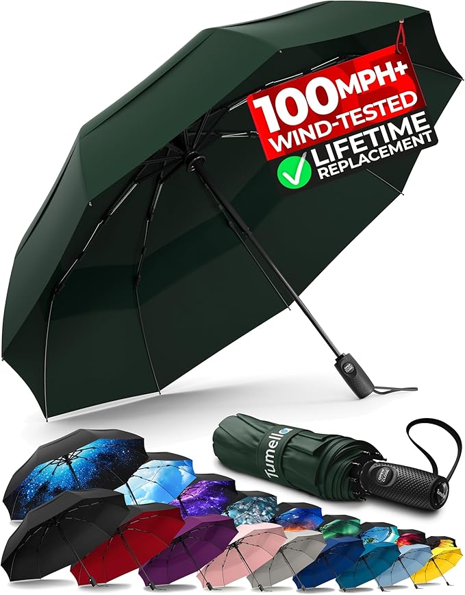 TUMELLA Strongest Windproof Travel Umbrella (Compact, Superior & Beautiful), Small, Wind-Tested, Light & Portable, Automatic Folding Rain Umbrella, Durable Premium Grip, Fits Car and Backpack