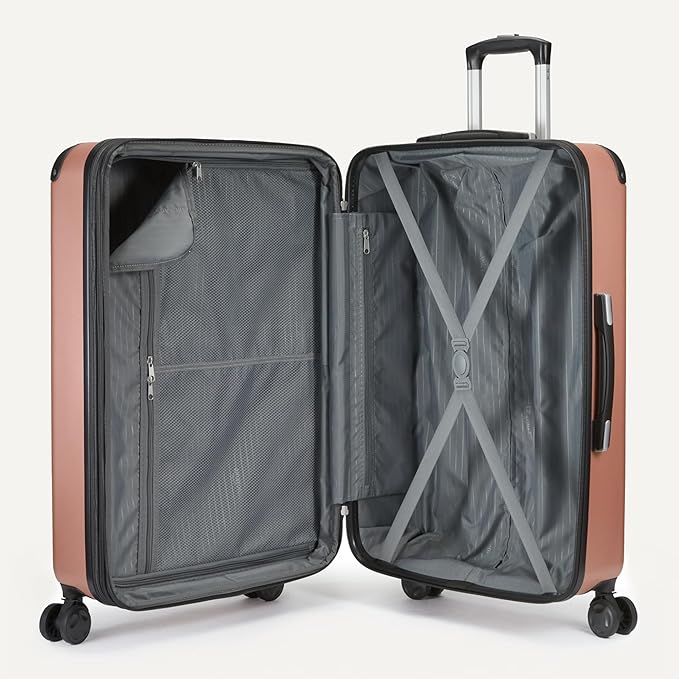 Amazon Basics 4-Piece Luggage Set, Hardside Spinner Suitcases with Multidirectional Wheels (22" Carry-On and 28" Checked), Plus 15-inch Tote Bag and 10-inch Compact Travel Bag, Rose Gold