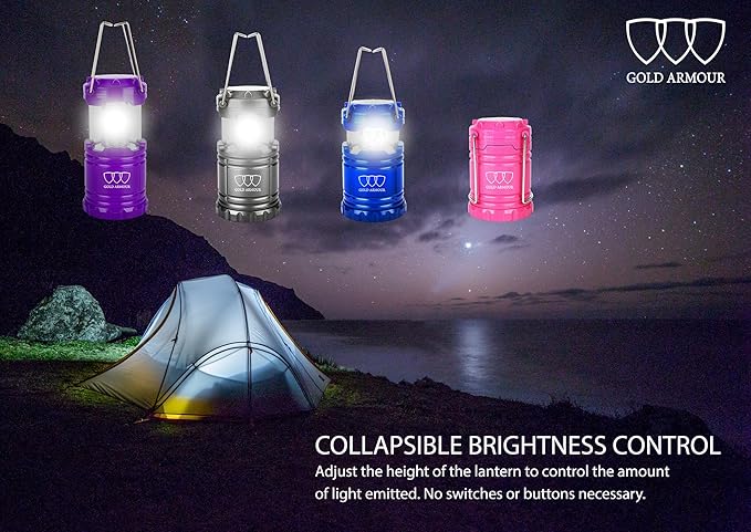 Gold Armour Camping Lanterns for Power Outages 4 Pack, Camping Essentials Lantern, Emergency Led Battery Operated Lights, Survival Kit and Gear for Hurricane (Multicolor)