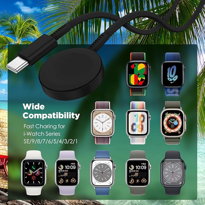 2Pack for Apple Watch Charger Cable, 3FT USB C to Magnetic Wireless Fast i-Watch Charging Cord [Portable], Compatible with iWatch Series Ultra/9/8/7/6/SE/SE2/5/4/3/2 - Black