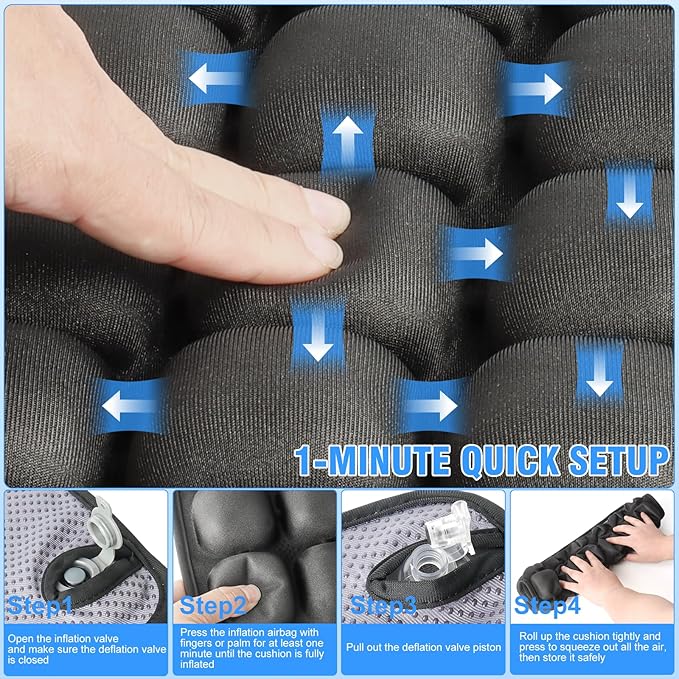 Upgrade Travel Cushion Airplane Seat with No External Pump, 3D Inflatable Seat Cushion, Adjustable Air Cushion with Non-Skid, Coccyx Tailbone Pain Relief Chair Pad for Office, Car, Wheelchair