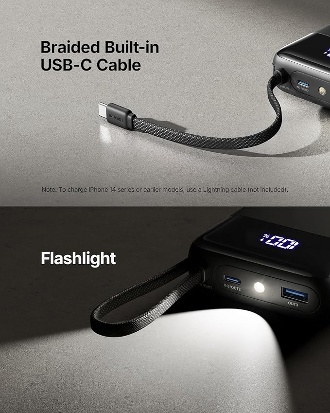 INIU 20000mAh Power Bank, Small 45W PD Fast Charging Portable Charger with Built-in USB C Cable, Flight-Safe Travel External Phone Battery Pack for iPhone 17 16 Pro Max Samsung S25 S26 Google iPad etc