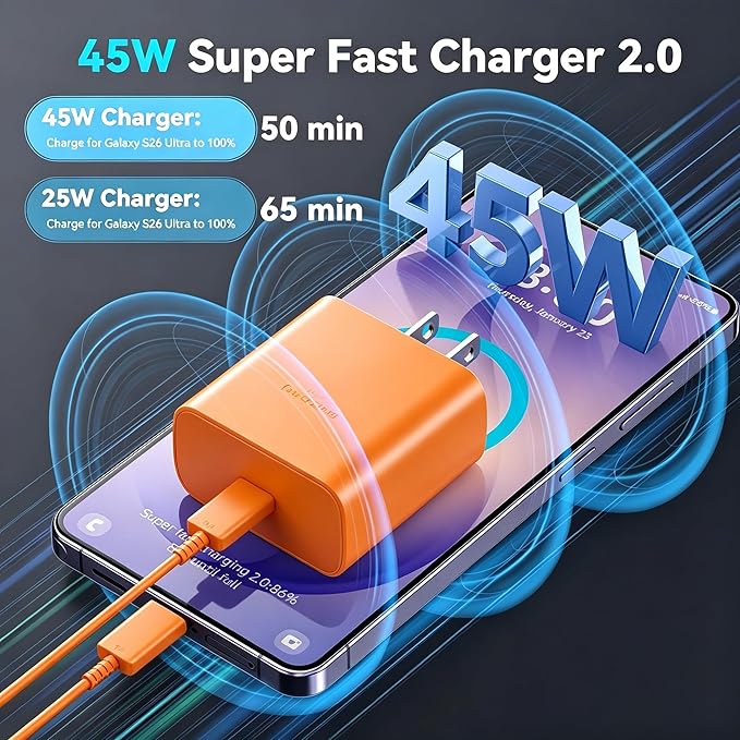 45W Super Fast Charger USB Type C Charger Cord 6.6FT with Android Phone Charger Fast Charging Block for Samsung Galaxy S25/S25 Ultra/S25+/S24 Ultra/S24/S24+/S23 Ultra/S23/S22/S20/S21/Note 10/20,Orange