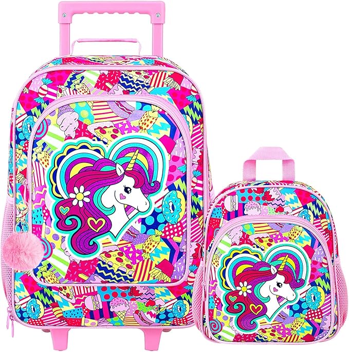 2Pcs Kids Luggage Set, Girls Carry on Rolling Suitcase with Wheels, Unicorn Sequin Travel Suitcases with Toddler Backpack(Purple)