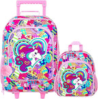 2Pcs Kids Luggage Set, Girls Carry on Rolling Suitcase with Wheels, Unicorn Sequin Travel Suitcases with Toddler Backpack(Purple)
