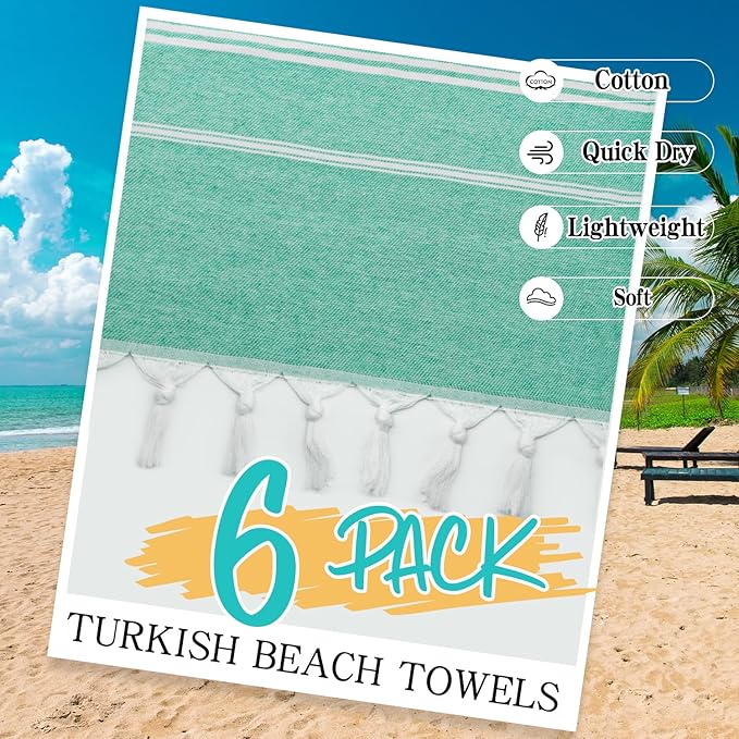 Eliamo Turkish Beach Towel Set of 6 Beach Towels Cotton Quick Dry Sand Free 36 x 71 inch Turkish Towel Oversized Lightweight Beach Towels Teal