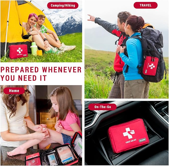 300 Piece First Aid Kit, Compact Waterproof First Aid Bag with 9 Organized Compartments, Portable Emergency Supplies Kit for Outdoor, Camping, Hiking, Car, Home, Travel, Office