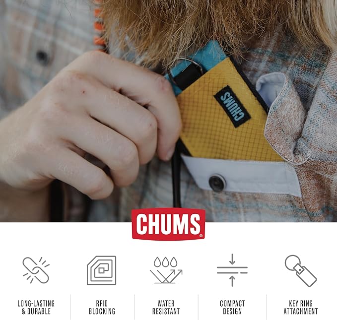 Chums Surfshorts Wallet - Lightweight Zippered Minimalist Wallet with Clear ID Window - Water Resistant with Key Ring (Red/Blue Swirl)