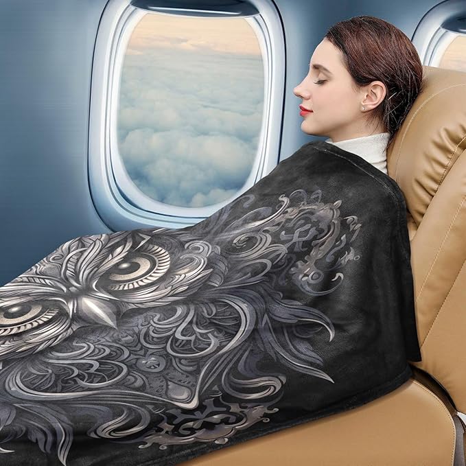 Black Owl Travel Blanket Glowing in The Dark, Soft 2 in 1 Airplane Blanket 65" x 55", Foldable as Pillow, Luggage Sleeve & Backpack Clip