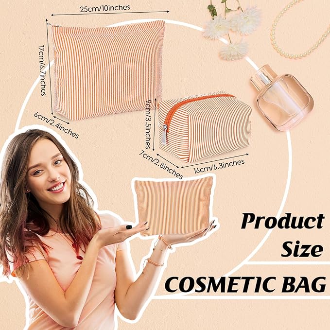 Huhumy 2 Pcs Makeup Bag Set Cute Cosmetic Pouch for Women Seersucker Travel Toiletry Bag Preppy Small Makeup Purse Pouch Aesthetic Skincare Brushes Storage Organizer for Valentine Women(Orange)