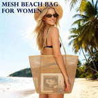 Fammart Mesh Beach Bag, Large Beach Tote with Zipper Pocket, Toys Pool Bag for Family Travel Vacation Cruise Essentials