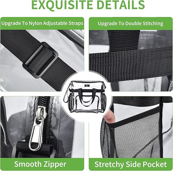 MAY TREE Clear Bag for Stadium Events, 12×5.5×12 Clear Tote Lunch Bag with Non-detachable Reinforced Straps for Work, Sporting Events and Gym, Black