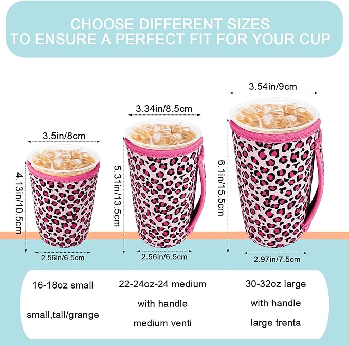 KJQJLY 3 Pack Reusable Iced Coffee Sleeves for Iced Coffee Cups or Drinks Reusable Neoprene Insulated Sleeves for Hot and Cold Drinks from Starbucks, Dunkin, And More (pink leopard print)