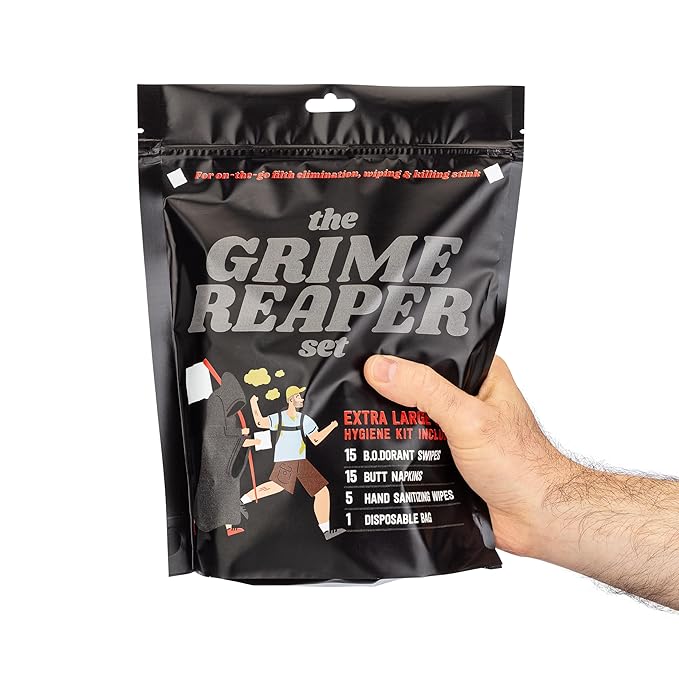 The Grime Reaper Set, On-the-Go Hygiene Kit, For Filth Elimination, Wiping and Killing Stink, 15 B.O.dorant Swipes, 15 Butt Napkins, 5 Hand Sanitizing Wipes, 1 Disposable Bag