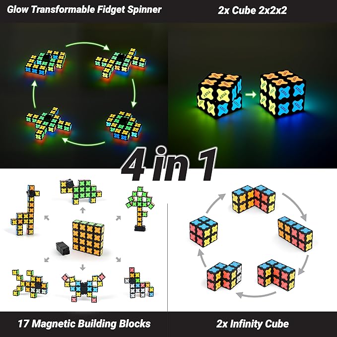 TOSY Magnet Fidget Spinner Glow - 16 Blocks, 3in1 Toy: Transformable Fidget Spinner, Infinity/Puzzle Cube, Easter Basket Stuffers Gift for Kids/Adults, Glowing STEM Sensory Stress Relief