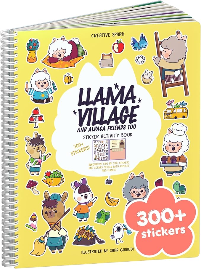Llama Village 300+ Kids Sticker Book by Cupkin Toddler Airplane Travel Activity Coloring and Sticker Book, Road Trip Essentials, 12 Coloring Pages 12 Scenes for Ages 2–8 Years