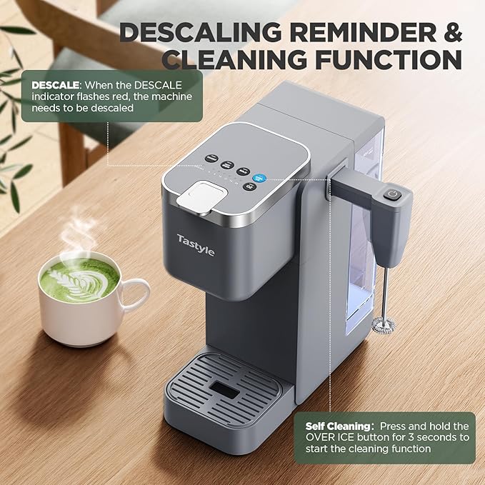 Tastyle Single Serve Coffee Maker with Built-in Detachable Milk Frother, Iced and Hot Coffee Machine for K Cup & Grounds, 40oz Removable Water Reservoir, 6 Cup Sizes, Fits 7.3" Travel Mug, Gray