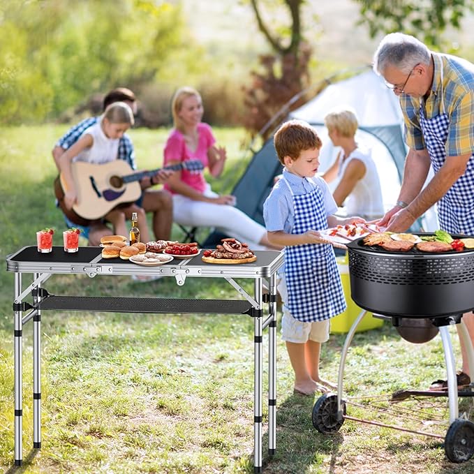 Anbte Folding Camping Table with Storage Net, 3ft Camping Table Aluminum Folding Table with 3 Adjustable Height Max 27.1 Inch Picnic Table Portable Table for Outdoor Backyard BBQ, Black