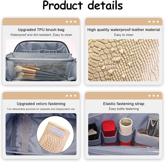 BOYATU Travel Makeup Bags for Women: 3 Pcs Set Wide Open Cosmetic Bag - Portable Make up Bags with Handle - Vegan Leather Toiletry Organizer Bag with Divider (G-04-Beige)