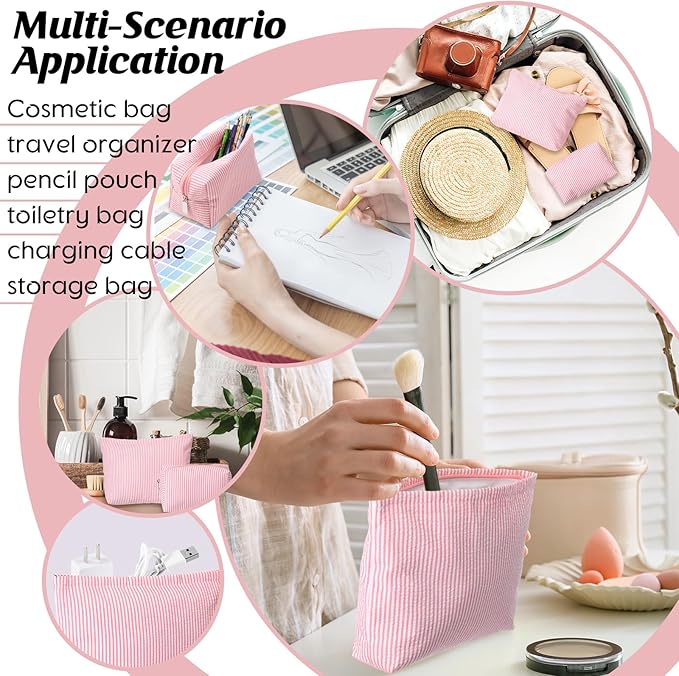 Huhumy 2 Pcs Makeup Bag Set Cute Cosmetic Pouch for Women Seersucker Travel Toiletry Bag Preppy Small Makeup Purse Pouch Aesthetic Skincare Brushes Storage Organizer for Valentine Women(Rose Pink)