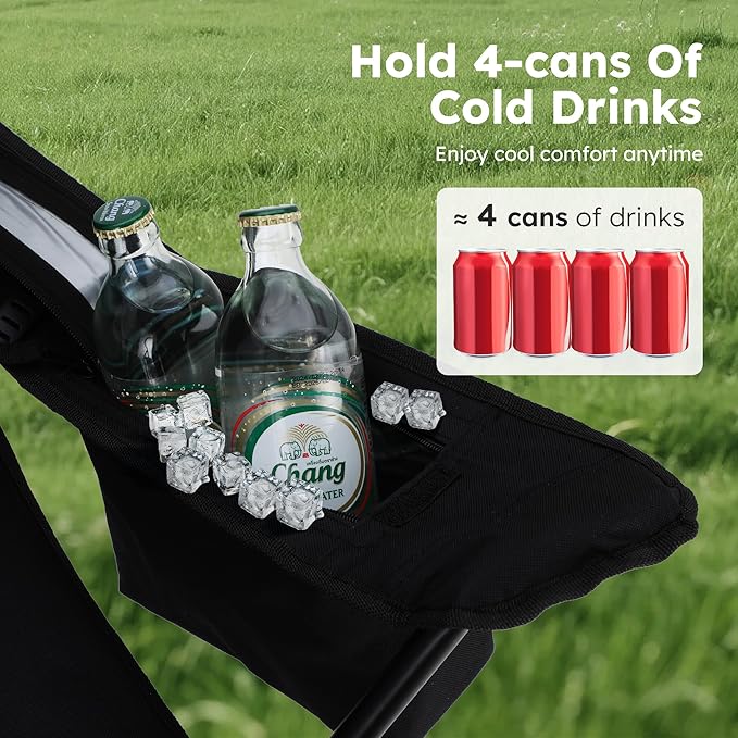 ALPHA CAMP Camping Chairs 250LBS Capacity, Heavy Duty Folding Chair with 4-Can Cooler Bag, Portable Outdoor Chair with Cup Holder for Adults, Collapsible for Tailgating, Beach, Fishing,Black,2PC