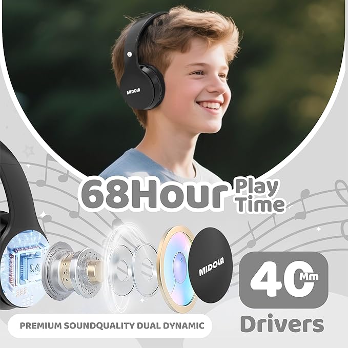MIDOLA Kids Headphones Bluetooth 5.4 Wireless 68H Play Time Volume Limit 85/94dB Over-Ear Foldable Headset,Type-C Fast Charging,with Wired Aux Mic for Toddler Child Pad Tablet Black