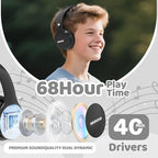 MIDOLA Kids Headphones Bluetooth 5.4 Wireless 68H Play Time Volume Limit 85/94dB Over-Ear Foldable Headset,Type-C Fast Charging,with Wired Aux Mic for Toddler Child Pad Tablet Black